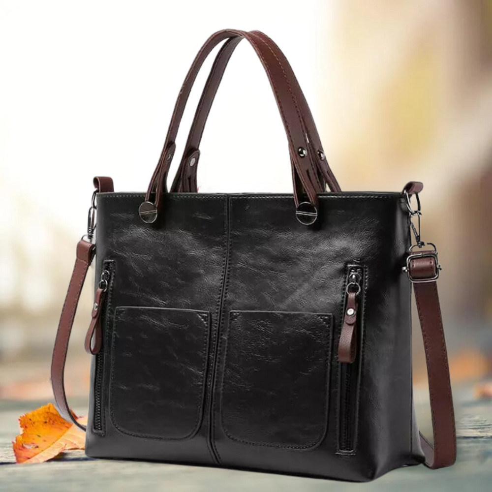 Classic Faux Leather Tote Bag with Twin Front Pockets for Work and Everyday