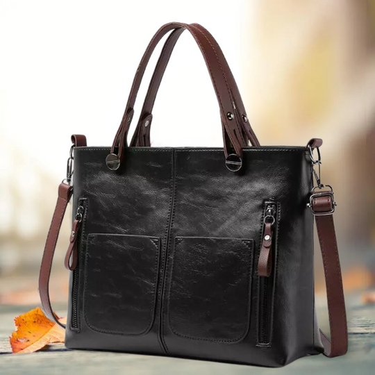 Classic Faux Leather Tote Bag with Twin Front Pockets for Work and Everyday