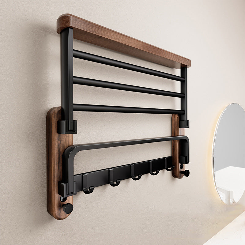 Minimalist Wood and Aluminum Wall Towel Rack with Shelf and Hooks for Bathroom