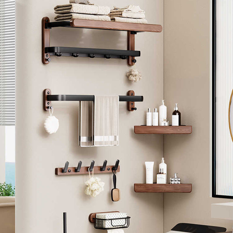 Minimalist Wood and Aluminum Wall Towel Rack with Shelf and Hooks for Bathroom