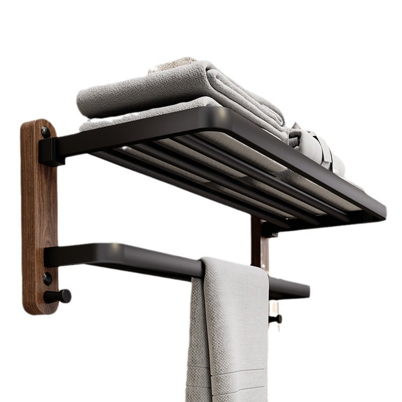Minimalist Wood and Aluminum Wall Towel Rack with Shelf and Hooks for Bathroom