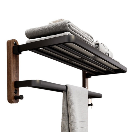 Minimalist Wood and Aluminum Wall Towel Rack with Shelf and Hooks for Bathroom