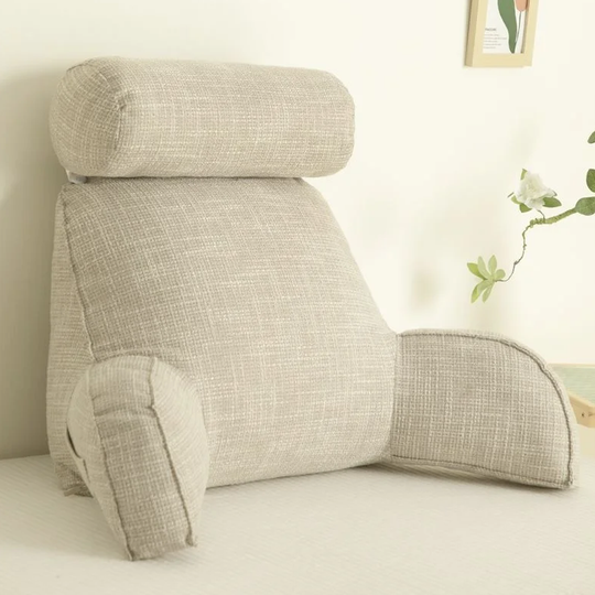 Plush Linen Reading Backrest Pillow with Armrests for Bed and Sofa