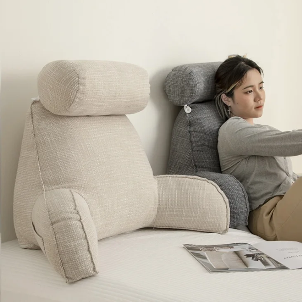 Plush Linen Reading Backrest Pillow with Armrests for Bed and Sofa
