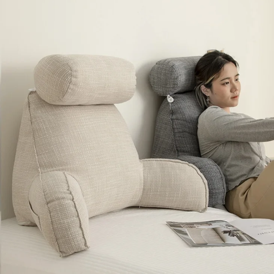 Plush Linen Reading Backrest Pillow with Armrests for Bed and Sofa