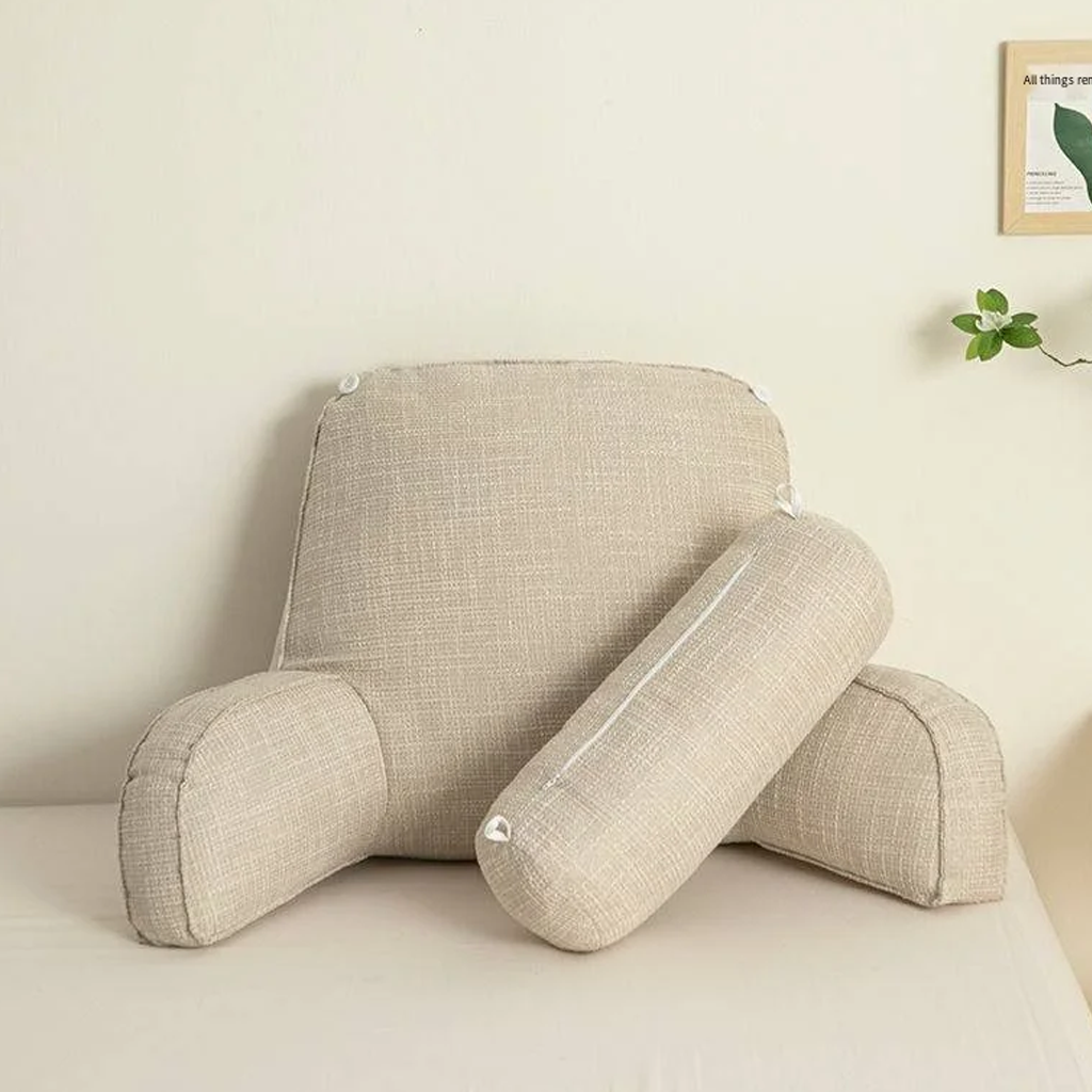 Plush Linen Reading Backrest Pillow with Armrests for Bed and Sofa