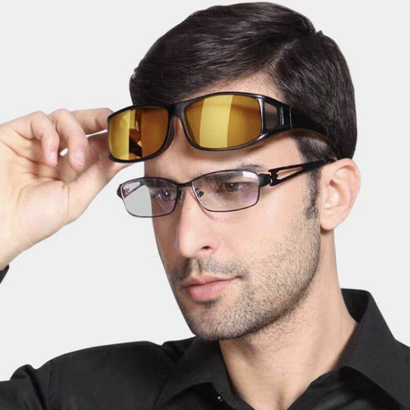 Wearing night driving glasses