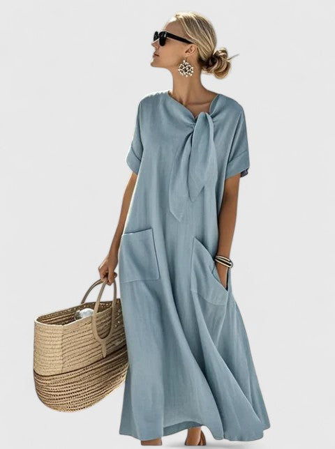 Flowing Tie-Neck Summer Dress for Day-to-Evening Wear