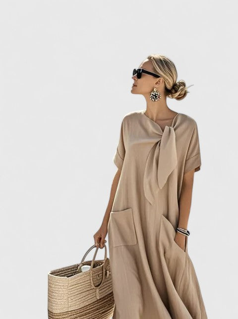 Flowing Tie-Neck Summer Dress for Day-to-Evening Wear