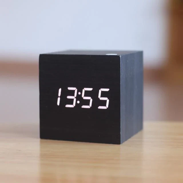 Black wooden cube LED clock with white digits