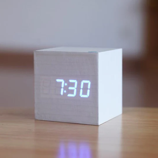 White wooden cube clock with white LED digits