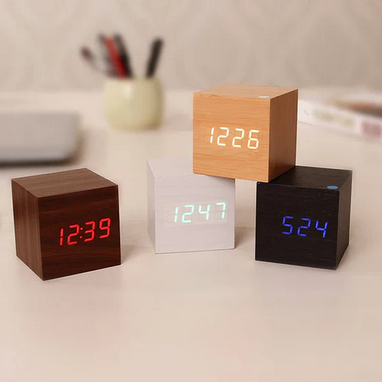 Wooden cube LED clocks in walnut white oak and black colors