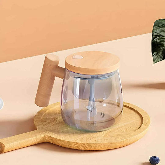 Automatic Self-Stirring Glass Mug with Wooden Lid for Coffee and Protein Shakes