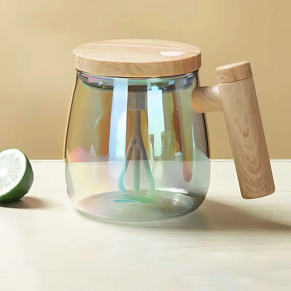 Automatic Self-Stirring Glass Mug with Wooden Lid for Coffee and Protein Shakes