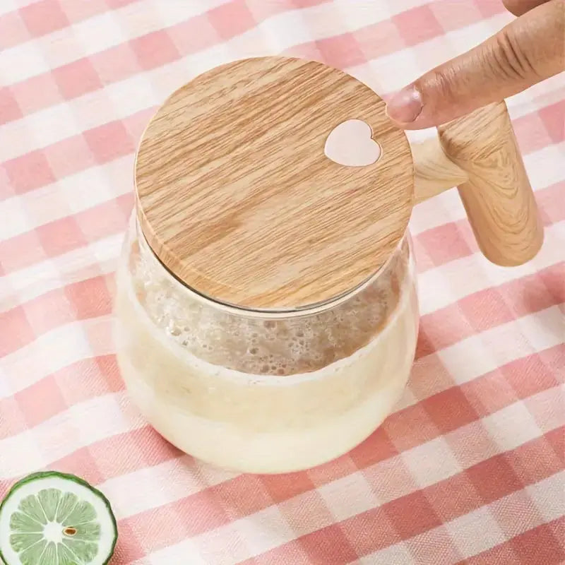 Automatic Self-Stirring Glass Mug with Wooden Lid for Coffee and Protein Shakes