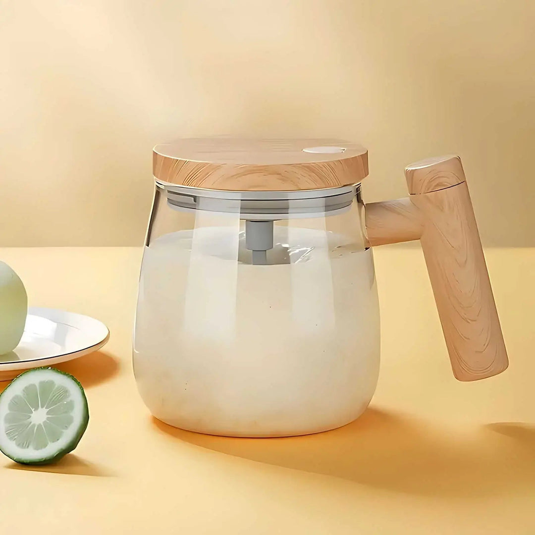 Automatic Self-Stirring Glass Mug with Wooden Lid for Coffee and Protein Shakes