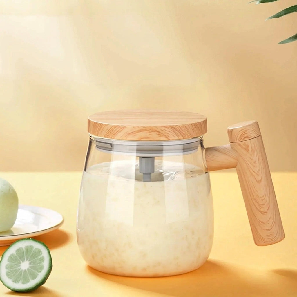 Automatic Self-Stirring Glass Mug with Wooden Lid for Coffee and Protein Shakes