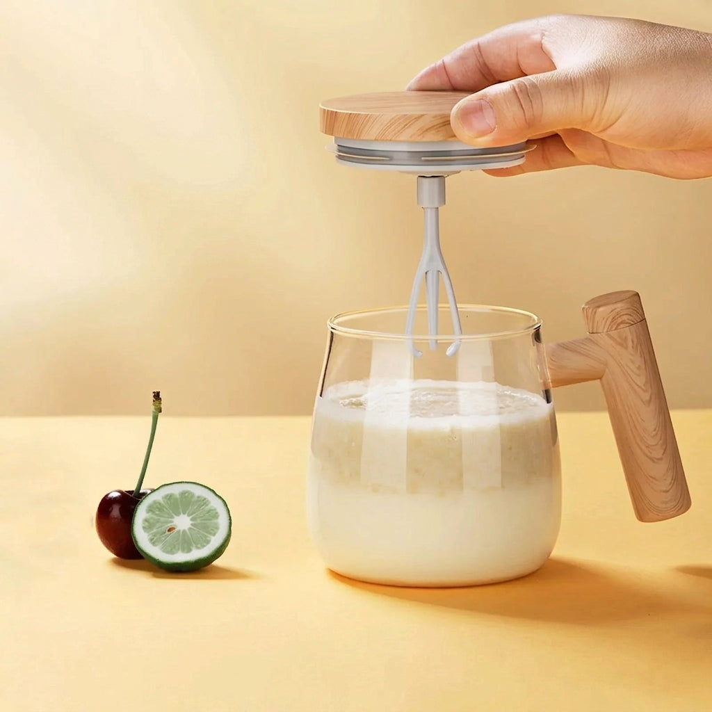 Automatic Self-Stirring Glass Mug with Wooden Lid for Coffee and Protein Shakes