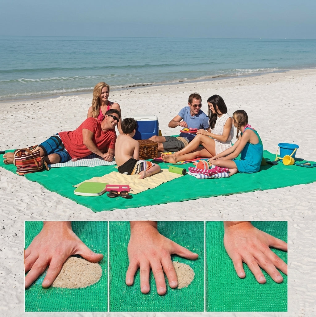 Green sand-free blanket with family at the beach