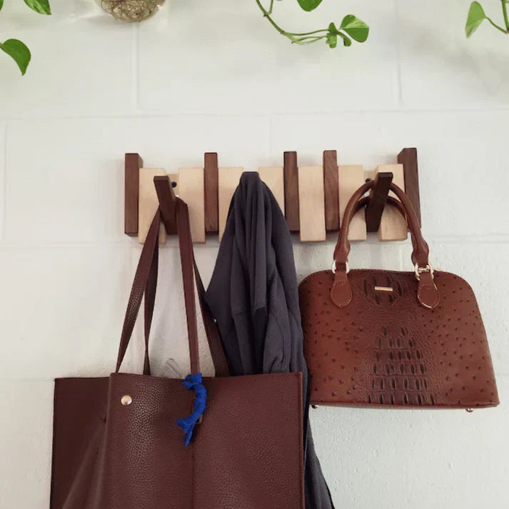 Wooden Wall-Mounted Coat Rack with Folding Piano-Key Hooks
