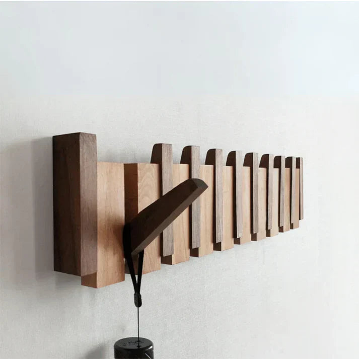 Wooden Wall-Mounted Coat Rack with Folding Piano-Key Hooks