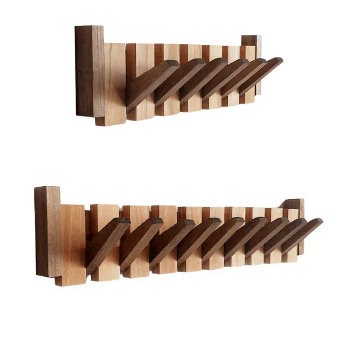 Wooden Wall-Mounted Coat Rack with Folding Piano-Key Hooks