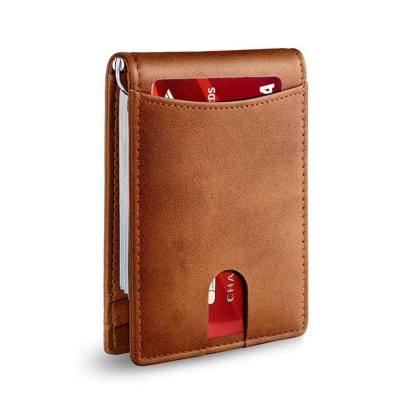 Slim Genuine Leather RFID Card Holder Wallet with Magnetic Money Clip