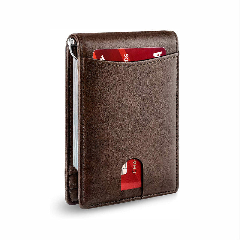 Slim Genuine Leather RFID Card Holder Wallet with Magnetic Money Clip