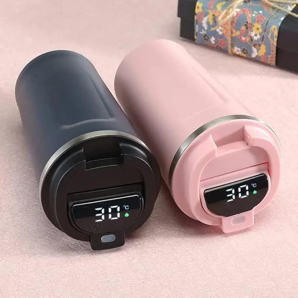 Navy and pink mugs showing temperature display