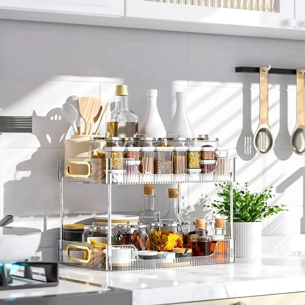 Two-tier organizer holding spices and bottles on a kitchen counter