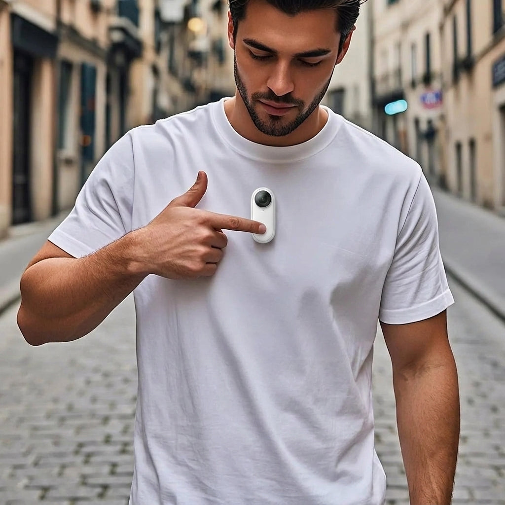Man wearing mini action camera outdoors