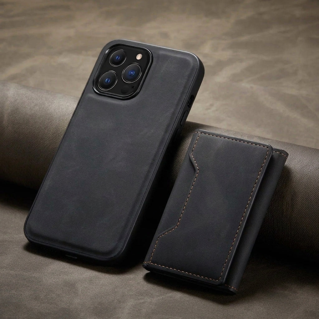 Detachable Leather Wallet Phone Case with Magnetic Card Holder and Kickstand for iPhone