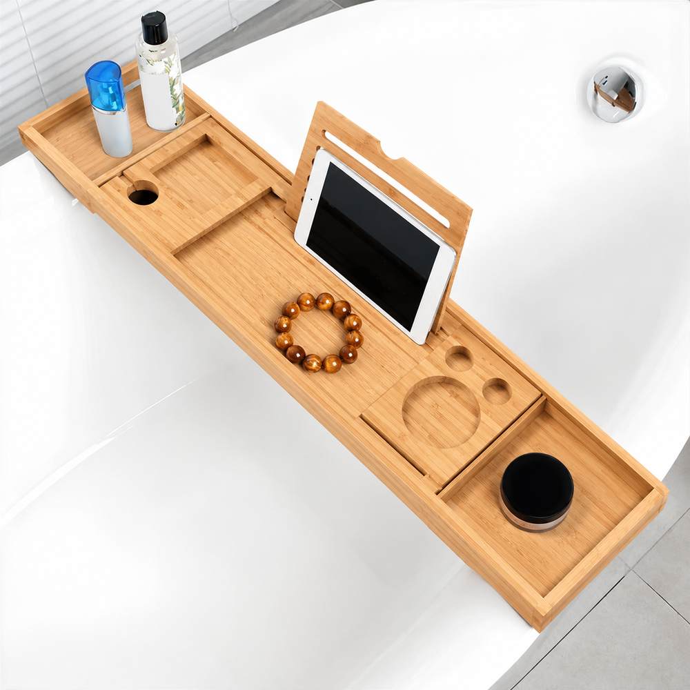 Expandable Bamboo Bathtub Caddy Tray for Relaxing Spa Baths